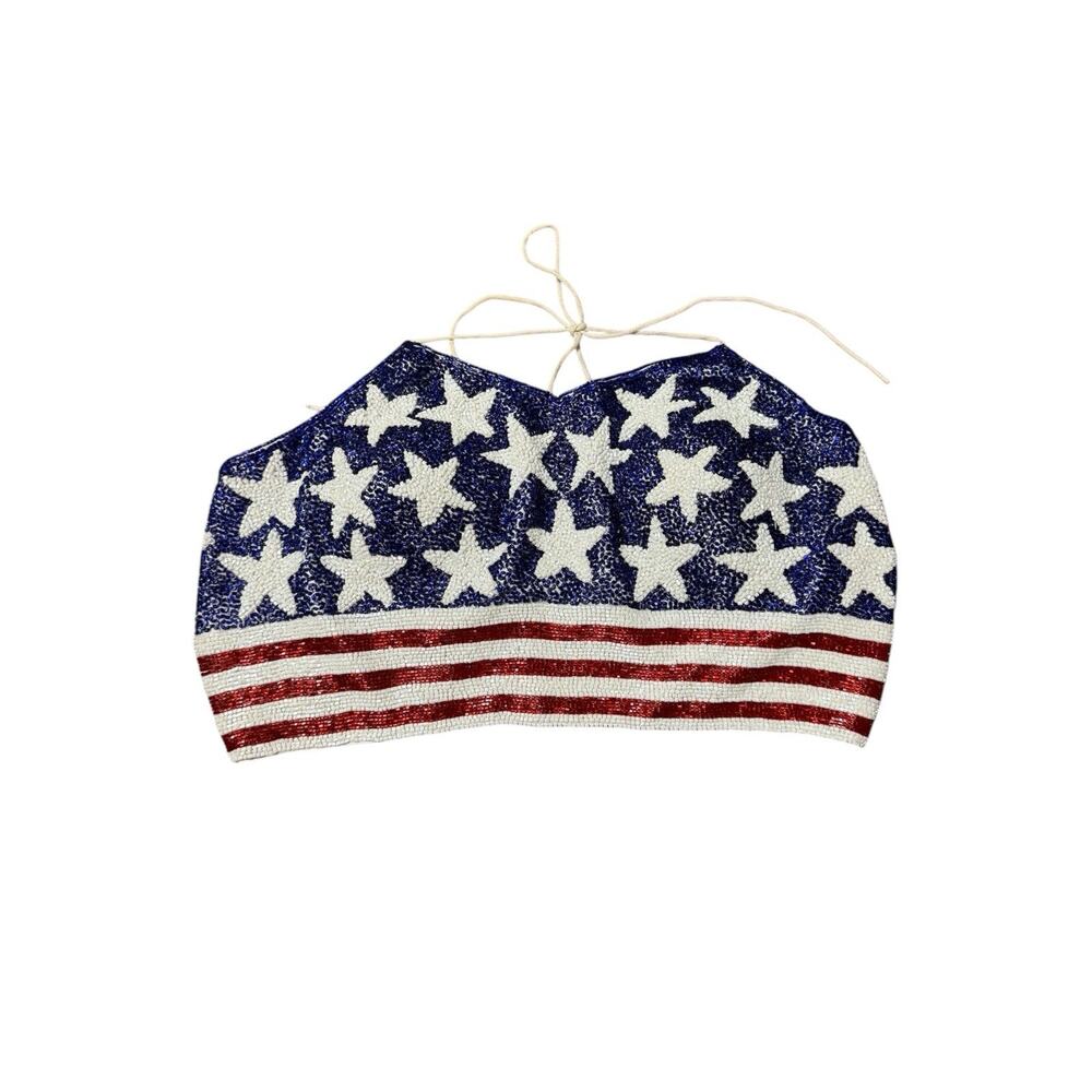 Cache Y2K Beaded Top 4th Of July American Flag Boho Festival Sz M